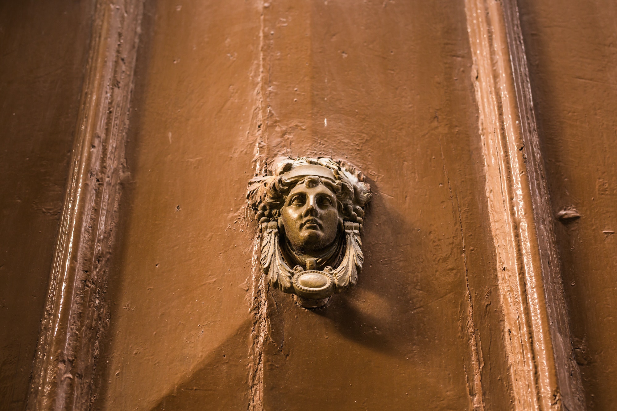 Traditional ornate door handle or knocker against a wooden door